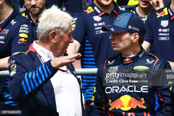 Oracle Red Bull Racing Team Consultant Dr Helmut Marko speaks with Race winner Max Verstappen of the Netherlands and Oracle Red Bull Racing in parc...