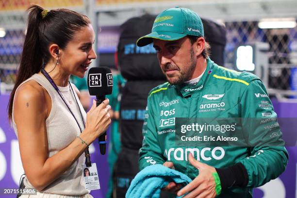 Fernando Alonso of Spain and Aston Martin speaks with Melissa Jimenez of DAZN on the grid prior to the F1 Grand Prix of Saudi Arabia at Jeddah...