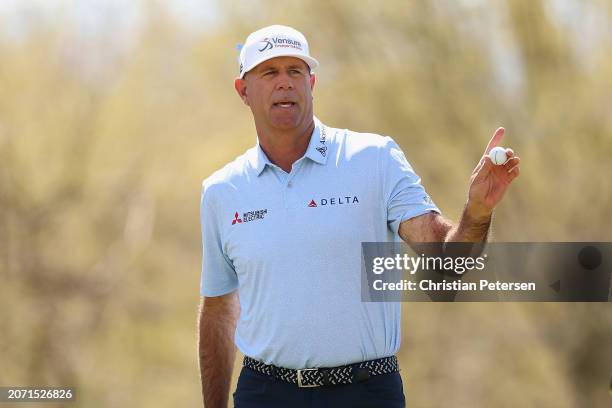 Stewart Cink of the United States reacts to a par putt on the first hole during the second round of the Cologuard Classic at La Poloma Country Club...