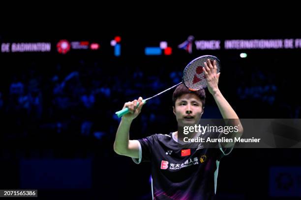 Yu Qi Shi of China reacts after winning his Men's single semi final match against Chico Aura Dwi Wardoyo of Indonesia at the Yonex French open...