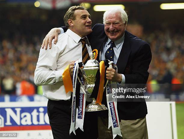 Wolverhampton Wanderers chairman Sir Jack Hayward and manager Dave Jones celebrate with trophy after the Nationwide Division One Playoff Final match...
