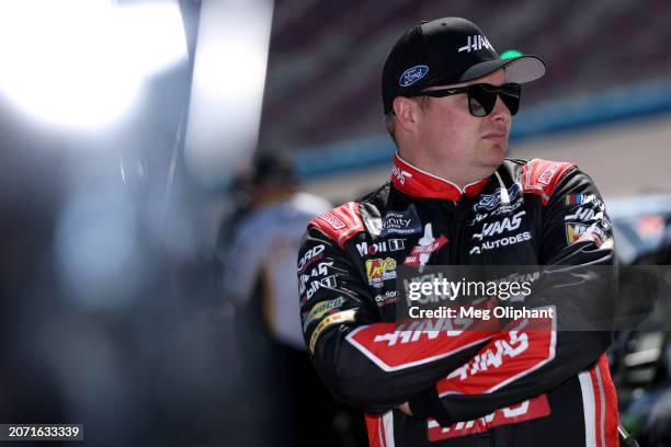 Cole Custer, driver of the Haas Automation Ford, looks on during qualifying for the NASCAR Xfinity Series Call 811.com Every Dig. Every Time. 200 at...