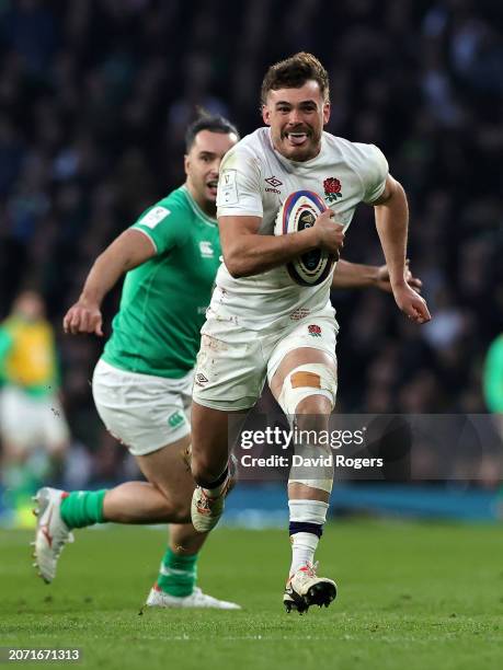 George Furbank of England charges upfield to score their second try during the Guinness Six Nations 2024 match between England and Ireland at...