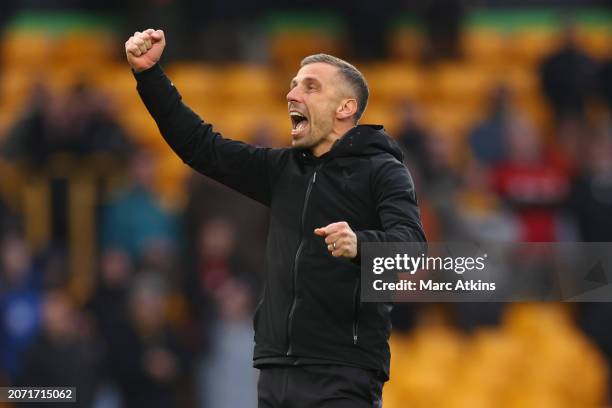 Gary O'Neil manager of Wolverhampton Wanderers celebrates during the Premier League match between Wolverhampton Wanderers and Fulham FC at Molineux...