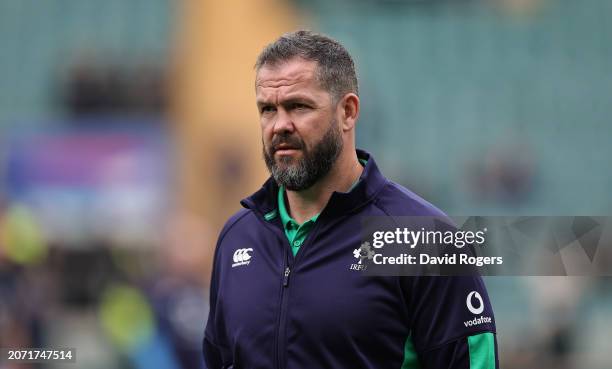 Andy Farrell, the Ireland head coach looks on during the Guinness Six Nations 2024 match between England and Ireland at Twickenham Stadium on March...