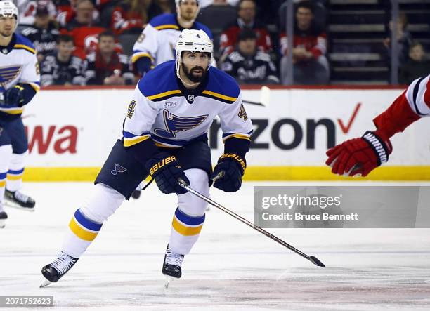 Nick Leddy of the St. Louis Blues skates against the New Jersey Devils at Prudential Center on March 07, 2024 in Newark, New Jersey.