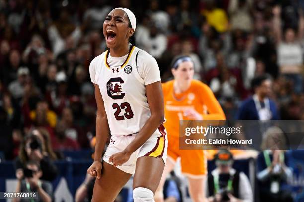 Bree Hall of the South Carolina Gamecocks celebrates her basket against the Tennessee Lady Vols in the first quarter during the semifinals of the SEC...