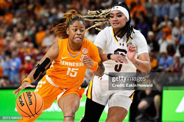 Jasmine Powell of the Tennessee Lady Vols drives to the basket against Te-Hina Paopao of the South Carolina Gamecocks in the first quarter during the...