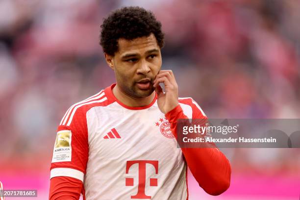 Serge Gnabry of FC Bayern München looks on during the Bundesliga match between FC Bayern München and 1. FSV Mainz 05 at Allianz Arena on March 09,...