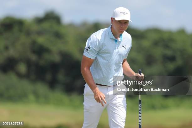 Matti Schmid of Germany reacts after making birdie on the second green during the third round of the Puerto Rico Open at Grand Reserve Golf Club on...