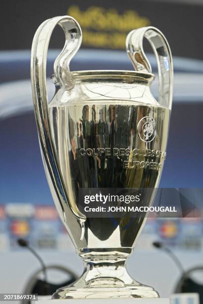 The Champions' League trophy is displayed, 25 May 2004 at the press center of the the Arena AufSchalke stadium in the western town of Gelsenkirchen,...