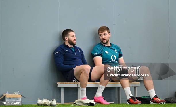 Dublin , Ireland - 12 March 2024; Stuart McCloskey, left, and Iain Henderson during an Ireland rugby squad training session at the IRFU High...