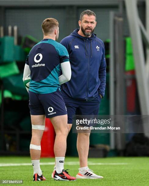 Dublin , Ireland - 12 March 2024; Head coach Andy Farrell, right, and Jack Crowley during an Ireland rugby squad training session at the IRFU High...