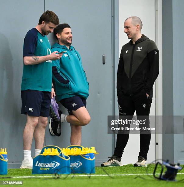 Dublin , Ireland - 12 March 2024; Mack Hansen, left, during an Ireland rugby squad training session at the IRFU High Performance Centre at the Sports...