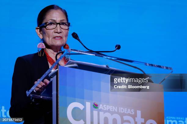 Deb Haaland, US secretary of the interior, speaks during the Aspen Ideas: Climate conference in Miami Beach, Florida, US, on Monday, March 2024. The...