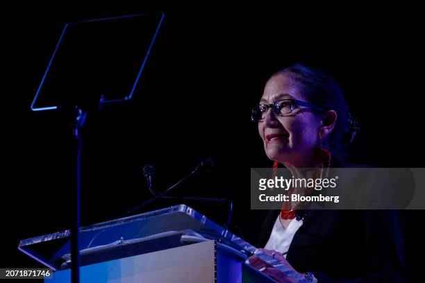 Deb Haaland, US secretary of the interior, speaks during the Aspen Ideas: Climate conference in Miami Beach, Florida, US, on Monday, March 2024. The...