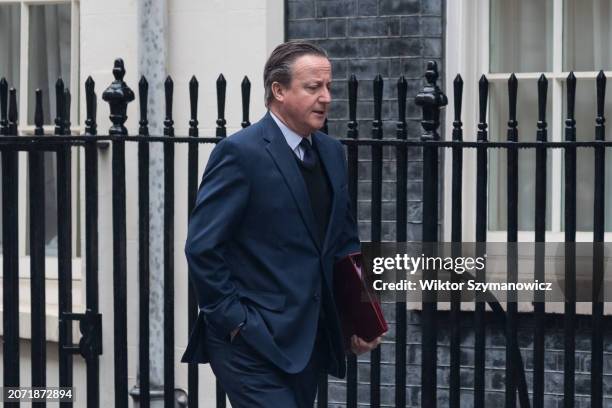 Secretary of State for Foreign, Commonwealth and Development Affairs Lord Cameron arrives in Downing Street to attend the weekly Cabinet meeting in...