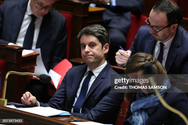 France's Prime Minister Gabriel Attal looks on during a session of questions to the government at the National Assembly in Paris on March 12, 2024.