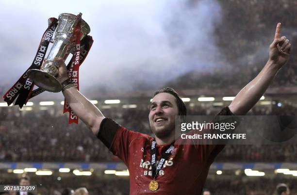 Wales captain Ryan Jones jubilates after winning the 6 Nations rugby union match Wales vs France on 15 March 2008 at the Millennium Stadium in...