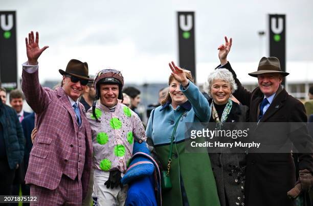 Gloucestershire , United Kingdom - 12 March 2024; Owner Rich Ricci, left, with, from left to right, jockey Paul Townend, Susannah Ricci, Jackie...