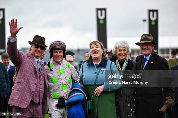 Gloucestershire , United Kingdom - 12 March 2024; Owner Rich Ricci, left, with, from left to right, jockey Paul Townend, Susannah Ricci, Jackie...