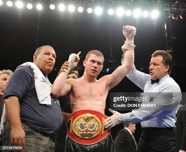 Dmitriy "Star of David" Salita celebrates his 12-round unanimous decision over Derrick Campos at Madison Square Garden on November 8, 2008 in New...