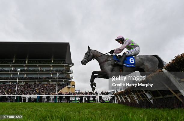 Gloucestershire , United Kingdom - 12 March 2024; Lossiemouth, with Paul Townend up, jumps the last on their way to winning the Close Brothers Mares'...