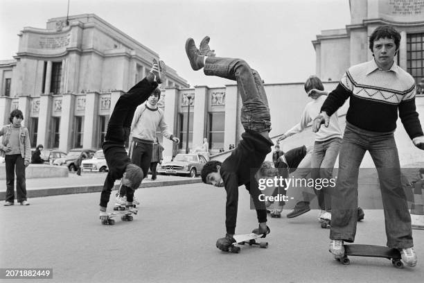 Young boys skateboard in April 1977 at the Trocadéro in Paris.