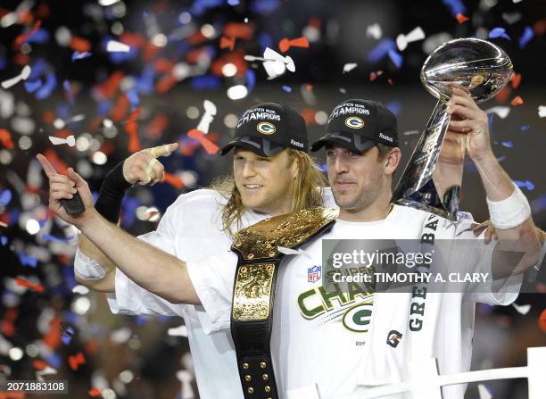 Green Bay Packers quarterback Aaron Rodgers and Clay Matthews celebrate after the Packers defeated the Pittsburgh Steelers 31-25 in the NFL Super...