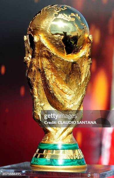 View of the FIFA World Cup trophy during the trophy tour in Santiago on February 10, 2010. The trophy is on public display in Chile as part of its...