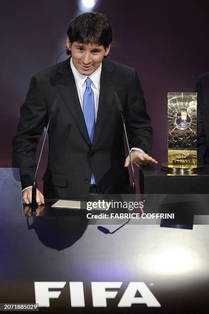 Argentina's Lionel Messi gestures after he was awarded FIFA World Player of the Year during the World Player Gala 2009 on December 21, 2009 in...