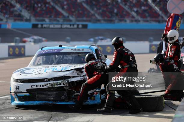 Brennan Poole, driver of the Finance Pro Plus Chevrolet, pits after an on-track incident during the NASCAR Xfinity Series Call 811.com Every Dig....