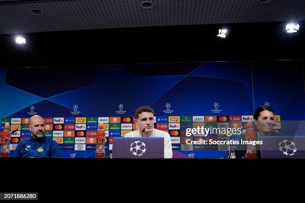 Coach Peter Bosz of PSV, Guus Til of PSV, Sanne Clements of PSV during the Press Conference PSV at the Signal Iduna Park on March 12, 2024 in...