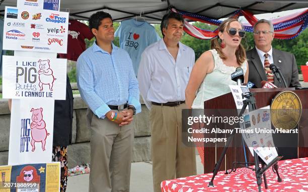 Erin Piihlaja, executive director Troy BID, speaks during a press conference discussing Troy's 8th Annual Pig Out on Tuesday, July 7, 2015 in Troy,...