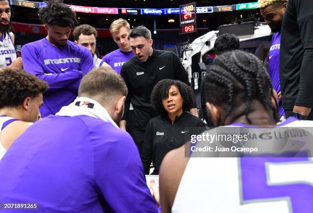 Stockton Kings head coach Lindsey Harding talks to her players during the game against the Ontario Clippers on March 12, 2024 at Crypto.com Arena in...