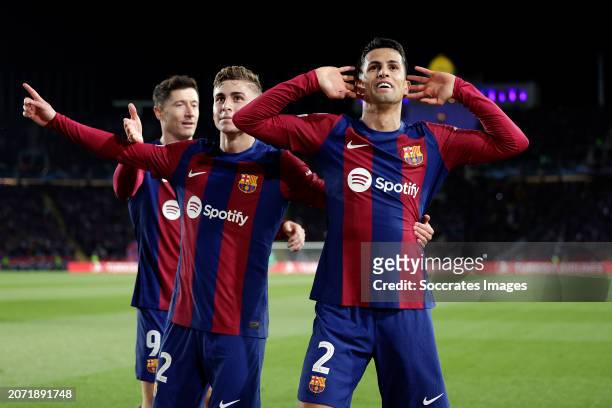 Joao Cancelo of FC Barcelona celebrates 2-0 with Fermin Lopez of FC Barcelona, Robert Lewandowski of FC Barcelona during the UEFA Champions League...