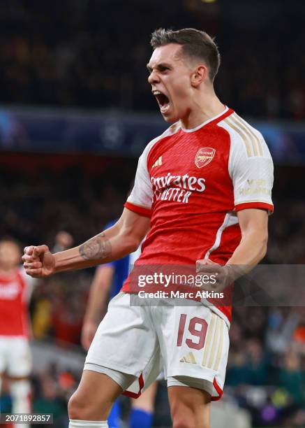 Leandro Trossard of Arsenal celebrates scoring a goal during the UEFA Champions League 2023/24 round of 16 second leg match between Arsenal FC and FC...