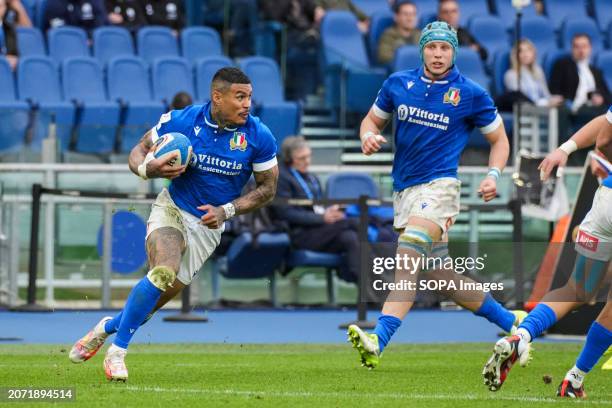 Monty Ioane of Italy seen in action during the Guinness Six Nations 2024 rugby union international match between Italy and Scotland at the Olympic...