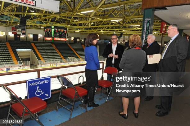 Lieutenant Governor Kathy Hochul, left, takes a tour of the Glens Falls Civic Center after making the announcement that New York State will be...