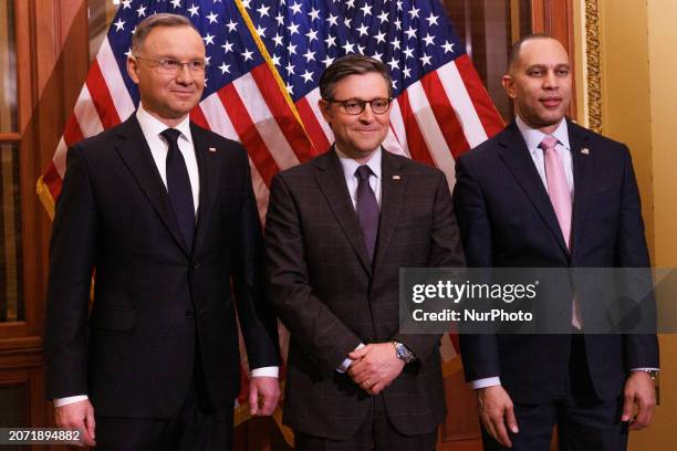 Speaker of the House Mike Johnson and House Democratic Leader Hakeem Jeffries meet with Polish President Andrzej Duda in the Capitol Building on...