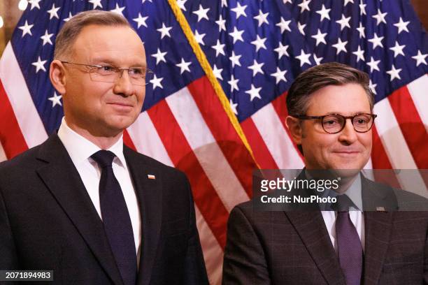 Speaker of the House Mike Johnson meets with Polish President Andrzej Duda in the Capitol Building on Tuesday, March 12, 2024. President Duda is...