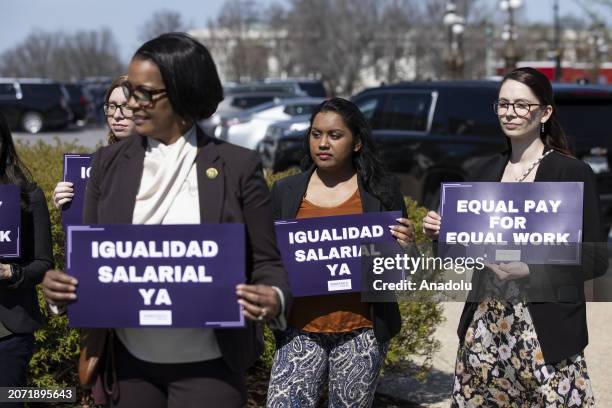 Press conference held by the Democratic Women's caucus on Equal Pay Day in the House Triangle outside the US Capitol Building in Washington DC,...