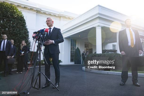 Andrzej Duda, Poland's president, speaks to members of the media outside the White House in Washington, DC, US, on Tuesday, March 12, 2024....