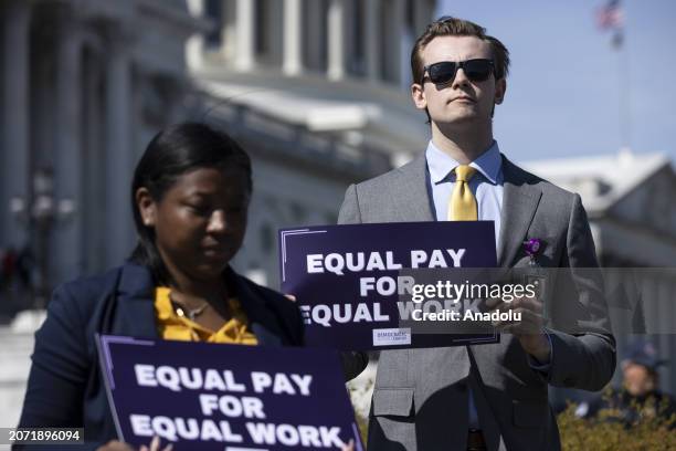 Press conference held by the Democratic Women's caucus on Equal Pay Day in the House Triangle outside the US Capitol Building in Washington DC,...