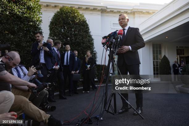 Andrzej Duda, Poland's president, speaks to members of the media outside the White House in Washington, DC, US, on Tuesday, March 12, 2024....