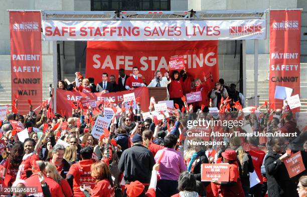 Assemblywoman Carrie Woerner speaks as more than a thousand nurses and Safe Staffing supporters rally at the Capitol calling for the passage of the...