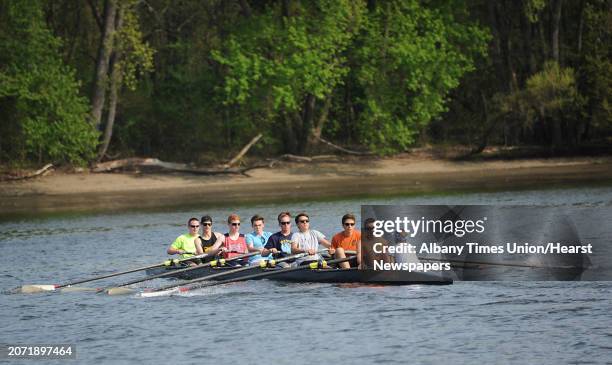 Members of the Albany Rowing Center boys' Varsity 8 boat team, from left, Dylan MacQuoid, David Wirth, Connor Toomey, Quinn Maguire, Matt Sicko,...