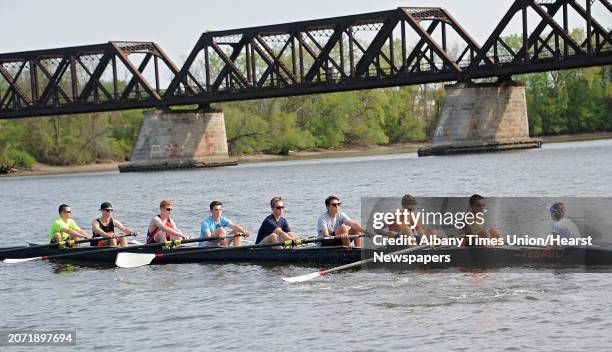 Members of the Albany Rowing Center boys' Varsity 8 boat team, from left, Dylan MacQuoid, David Wirth, Connor Toomey, Quinn Maguire, Matt Sicko,...