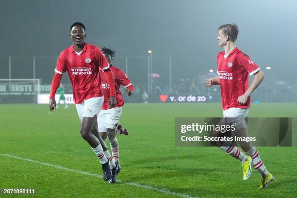 Dantaye Gilbert of PSV U23 celebrates his goal 1-1 with Jesper Uneken of PSV U23 during the Dutch Keuken Kampioen Divisie match between PSV U23 v FC...