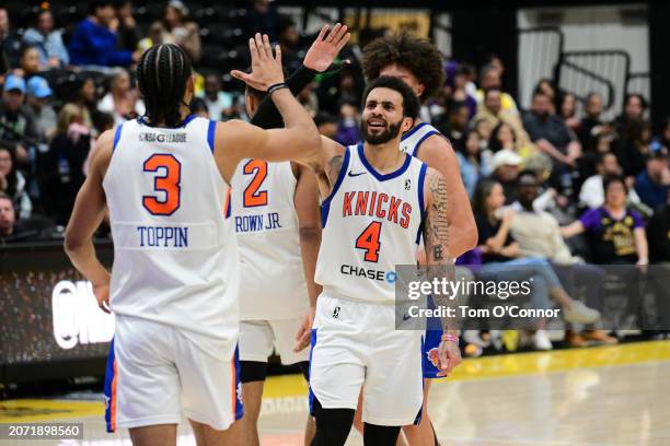 Jacob Toppin of the Westchester celebrates with Duane Washington Jr. #4 during the game against the South Bay Lakers on March 11, 2024 at UCLA Health...